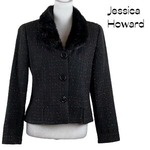Jessica Howard Black Tweed Fur Collar Cropped Jacket Size 6